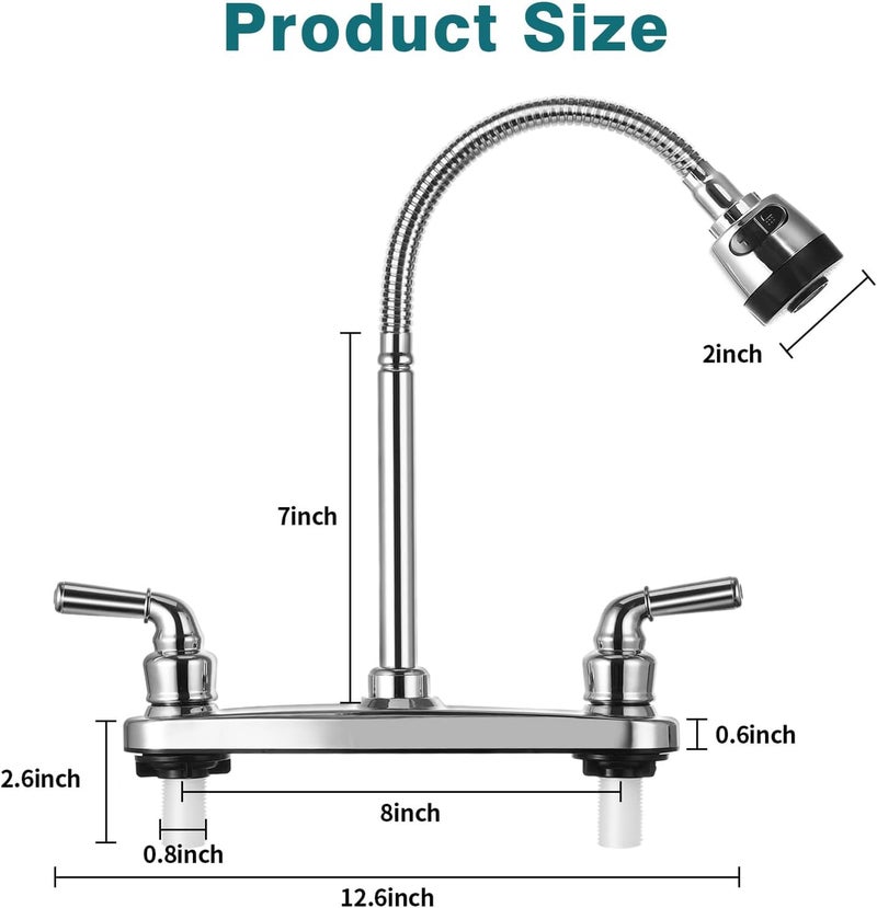 JAMESVAN RV Kitchen Faucets,Flexible Spout RV Kitchen Sink Faucet Replacement with Two Handle-8" Main Body,High Arch-360 Swivel Replace for RV Home Campers Motorhomes Travel Trailers,Chrome - Image 2